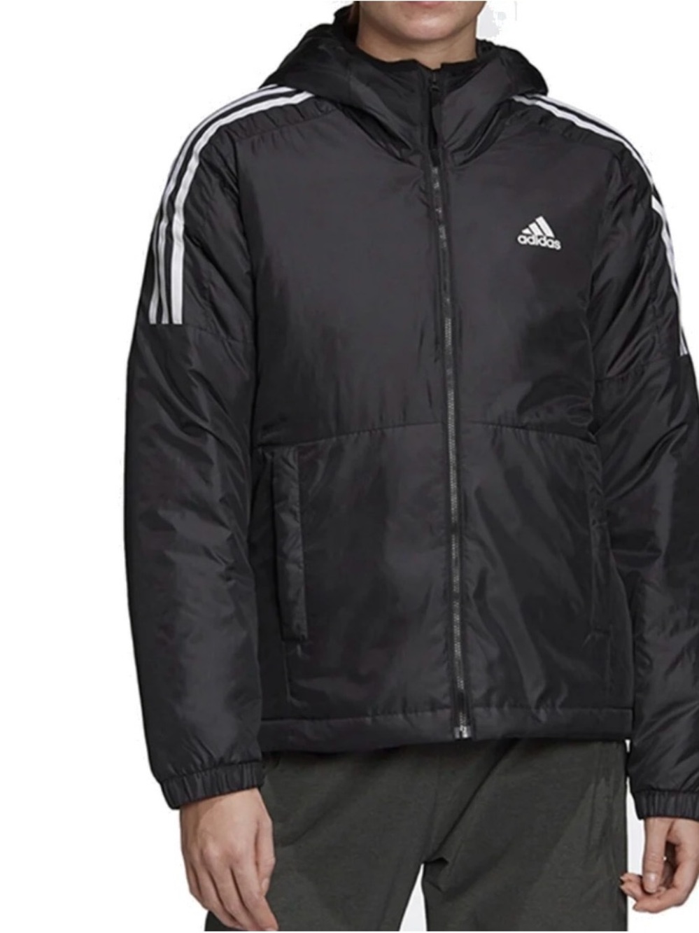Adidas Men’s Essentials Insulated Hooded Jacket. Black/White Stripes. NWT